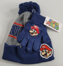 SUPER MARIO BROS Nintendo Boys Blue Knit Winter Beanie Hat &amp; Gloves Set ... - £11.98 GBP