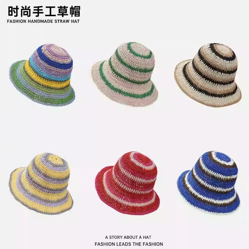 Ipe color matching straw bucket hat summer travel sun protection breathable beach basin thumb200