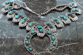 HUGE 499 gram Vintage Navajo Sterling and Turquoise Squash Blossom Necklace - £2,855.24 GBP