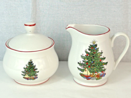 Cuthbertson American Christmas Tree China Sugar Bowl w/Lid &amp; Creamer Set of 2 - $11.88