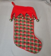 Vintage Wool Plaid Needlepoint Christmas Stocking Red Velvet Cuff Jingle... - $29.70