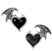Alchemy Gothic Blacksoul Demon Wing Black Heart Stud Earrings Posts Pair E444 - £17.65 GBP