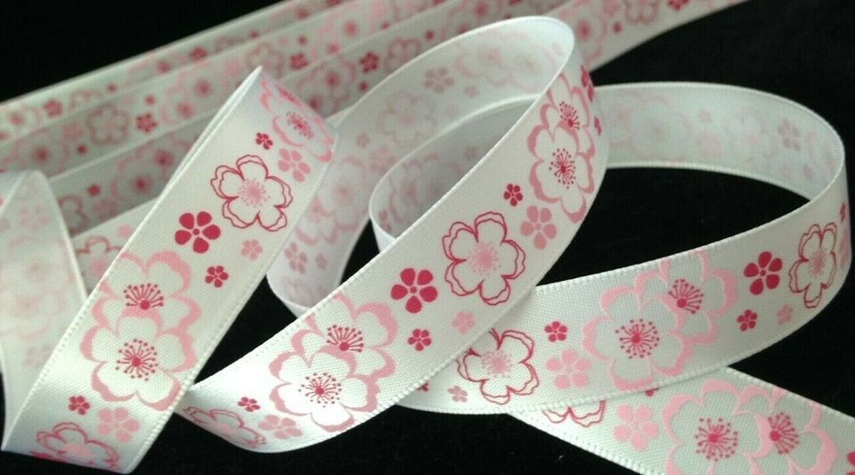 5/8&quot; inch Sakura FLOWER pattern white satin RIBBON - 1 yd  cherry blosso... - $2.37