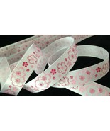 5/8&quot; inch Sakura FLOWER pattern white satin RIBBON - 1 yd  cherry blosso... - $3.22 CAD