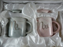 Mr &amp; Mrs Ceramic Coffee Mugs Set Pink Gray Marble Gold Trim Tea Cups Sta... - $22.79