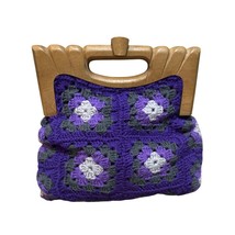 Cottage Core Purple Granny Square Crochet Wood Handle Handbag - $47.52