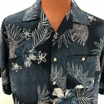 Montage Collection Aloha Hawaiian Medium Shirt Blue Hibiscus Palm Leaves - £23.59 GBP