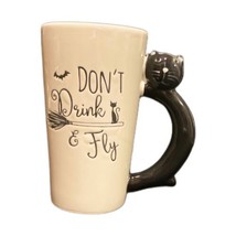 Global Design Latte Mug DON&#39;T DRINK &amp; FLY Black Cat Handle Ceramic Tall Cup - £9.49 GBP