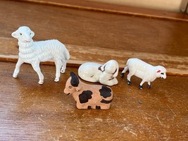 Lot of Small Plastic Pottery White Cream Lamb Sheep &amp; Brown Cow Nativity Animals - £7.58 GBP