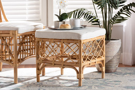 Jacinda White Fabric Upholstered and Natural Brown Rattan Ottoman - $2,703.02 MXN