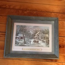 Currier &amp; Ives MID-WINTER DAY Print Double Matted in Old Barn Wood Frame Under  - £30.24 GBP