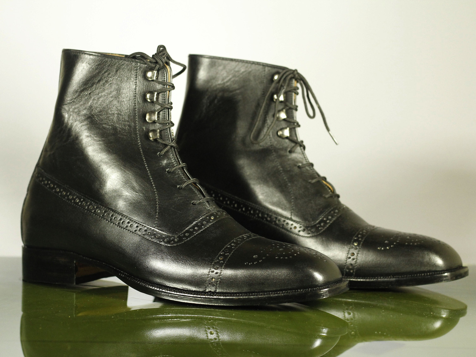Handmade Men's Black Leather Cap Toe Brogue Ankle Boots, Ankle Designer Boots