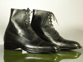 Handmade Men&#39;s Black Leather Cap Toe Brogue Ankle Boots, Ankle Designer Boots - £126.78 GBP