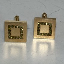 Hickok Gold Tone &amp; Green Crystal Or Glass Square Vintage Cufflinks - £18.45 GBP