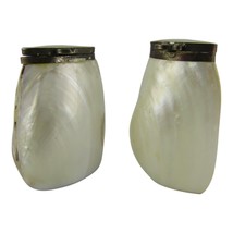 Vintage Mother of Pearl MOP Shell Salt &amp; Pepper Shakers Hinged Ornate Top - £15.17 GBP