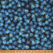 Cotton Peacocks Feathers Blue Gold Metallic Black Fabric Print by Yard D786.05 - £11.95 GBP