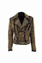 Woman Luxury Black Punk Golden Studded Cowhide Brando Leather Jacket  - £196.58 GBP