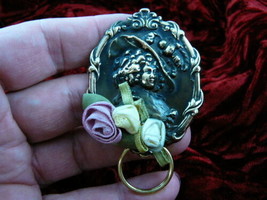 E452) Victorian Woman lady pink rose Eyeglass BRASS pin pendant ID badge holder - £15.37 GBP