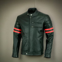  Men&#39;s Red Stripped Black Motorcycle Racing Fashion Leather Jacket All S... - $170.00