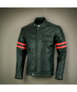  Men&#39;s Red Stripped Black Motorcycle Racing Fashion Leather Jacket All S... - £133.69 GBP