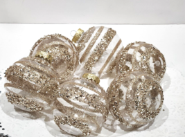 Christmas Clear Gold Glitter Beaded Plastic Tree Ornaments 3.5&quot; Decor 6pc - $22.76