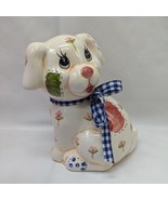 White Puppy Dog With Flowers And Plaid Blue White Bow Glossy Ceramic Coi... - $185.75 MXN