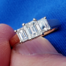 Earth mined Diamond Deco Engagement Ring 3 Stone Emerald cut Solitare 14k Gold - $6,152.33 CAD