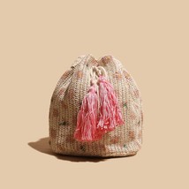 2023 Ins Small Bucket Shoulder Beach Ethnic Woven Rattan Straw Tassels Hand Bags - £31.32 GBP