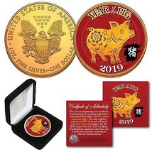 2019 Lunar New Year Of The Pig 24K Gold Plated 1 Oz American Silver Eagle w/ Box - £67.44 GBP