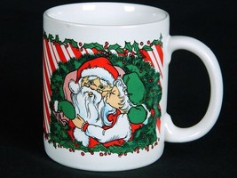 Vintage Christmas Coffee Mug Mrs. Clause Kissing Santa Candy Cane Housto... - £25.65 GBP
