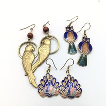 Lot Bird Earrings Cloisonne Enamel Gold Tone Peacock  Parrot Whimsical Catbird - $26.24