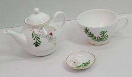 LENOX Christmas Merry &amp; Bright Evergreen Berry Teapot Tea Cup Pot Stackable Set  - £19.28 GBP