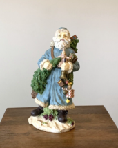 Vintage Blue Santa Claus Resin Statue 16” Tall w/ Tree &amp; Bag of Toys - £42.46 GBP