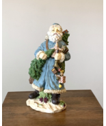 Vintage Blue Santa Claus Resin Statue 16” Tall w/ Tree &amp; Bag of Toys - £42.46 GBP