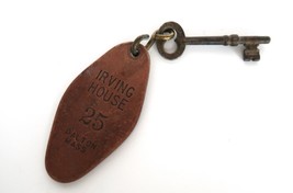 Vintage Skeleton Key on Leather Keychain Irving House Dalton MA Room # 25 - £7.85 GBP