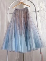 Women Blue Tulle Maxi Skirts Pleated Holiday Tulle Skirts Outfit Wedding Guest image 1