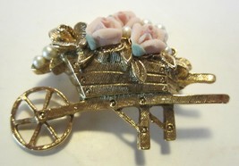 Wheel Barrow Brooch Pin Vintage Pink Porcelain Rose With Faux Pearl - £13.31 GBP
