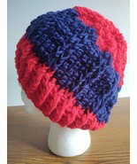 New Hand Crocheted Red and Navy Ribbed Hat - £11.15 GBP