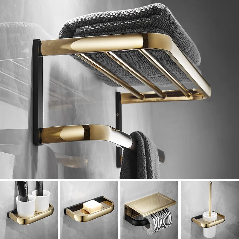 House Home Bathroom Accessories Set Gold &amp; Black Bathroom Shelf,Towel Ra... - £58.06 GBP