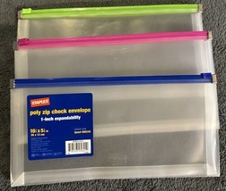 LOT OF 3 Staples Poly Zip Check Envelopes - Blue, Pink And Green - $10.39