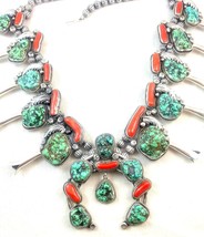 Native American Signed Squash Blossom Turquoise Coral &amp; Sterling Silver Necklace - £3,577.28 GBP