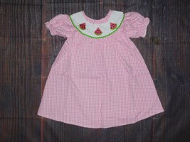 NEW Boutique Watermelon Embroidered Girls Pink Gingham Short Sleeve Dress - £13.68 GBP