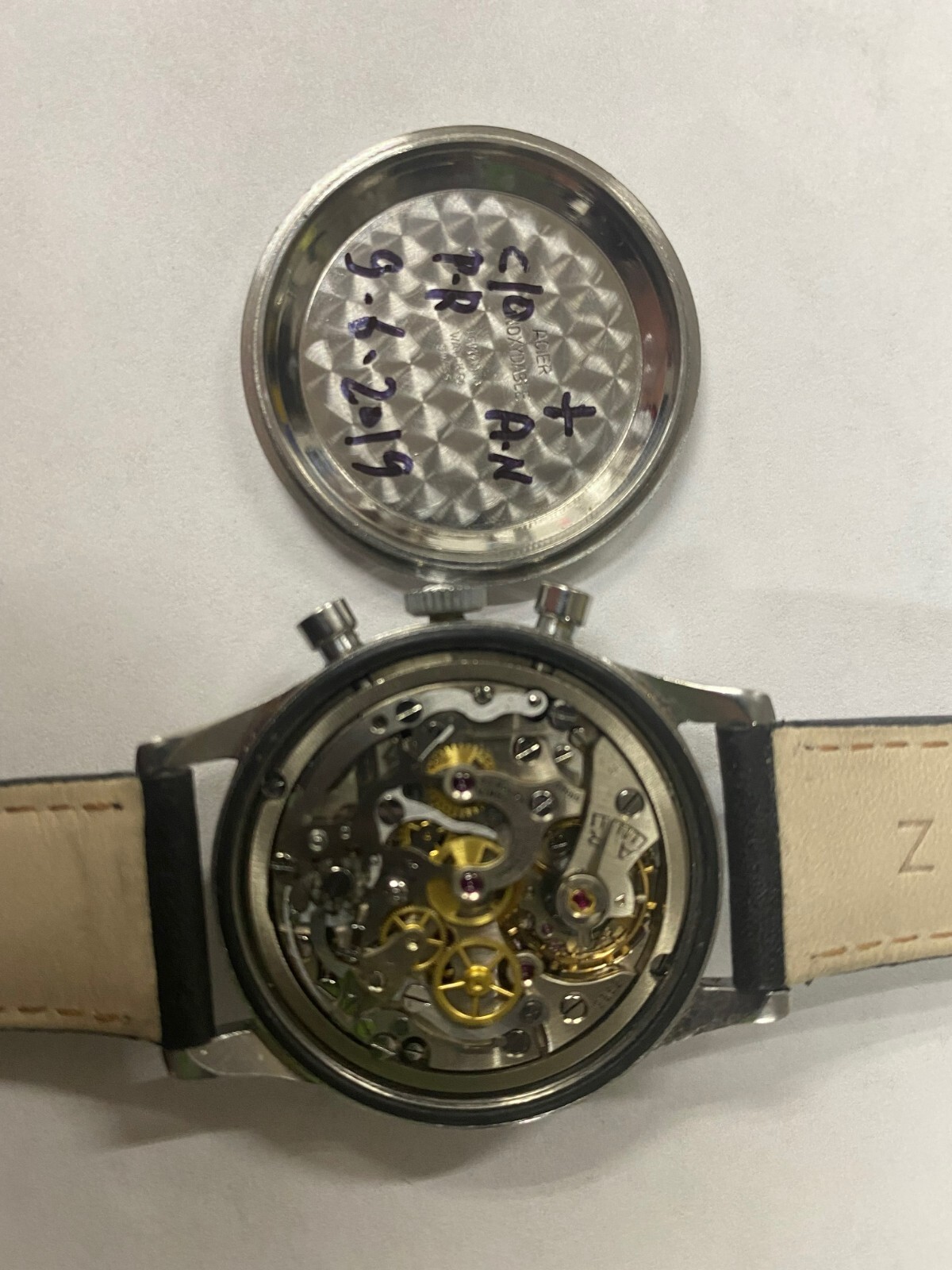Lemania Acciaio Inox 15TL Orologio Cronografo Tachimetro 1940s Pelle Fascia Item image 9