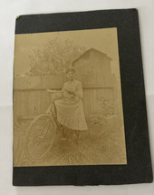 Vintage B &amp; W Photo of Girl on Bicycle Faded with Fence House Yard Backdrop - £11.83 GBP