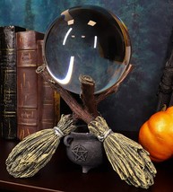 Ebros Crystal Glass Gazing Ball On Broomsticks and Potion Cauldron Figur... - $50.95