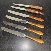 5 Stainless Steel Toffee Brown Bakelite Handles Knives Kitchen Table War... - $14.84
