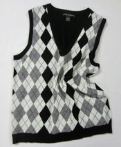 Marina Luna Black White Gray Merino Wool Argyle Pullover V-Neck Vest L 38&quot; - £21.13 GBP