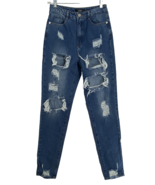 Women&#39;s Size 4 Tall Missguided Destroyed High Rise Blue Denim Jeans Stretch - $16.76 CAD