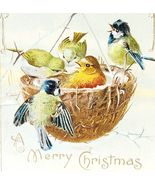 Merry Christmas Greeting Card Victorian 1900s Embossed Birds Holly Gold ... - €21,33 EUR