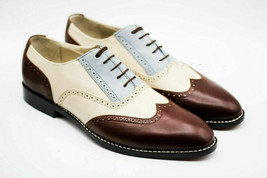 Three Tone Genuine Leather Oxford Derby Rounded Toe Handcrafted Laceup Shoes - £110.00 GBP